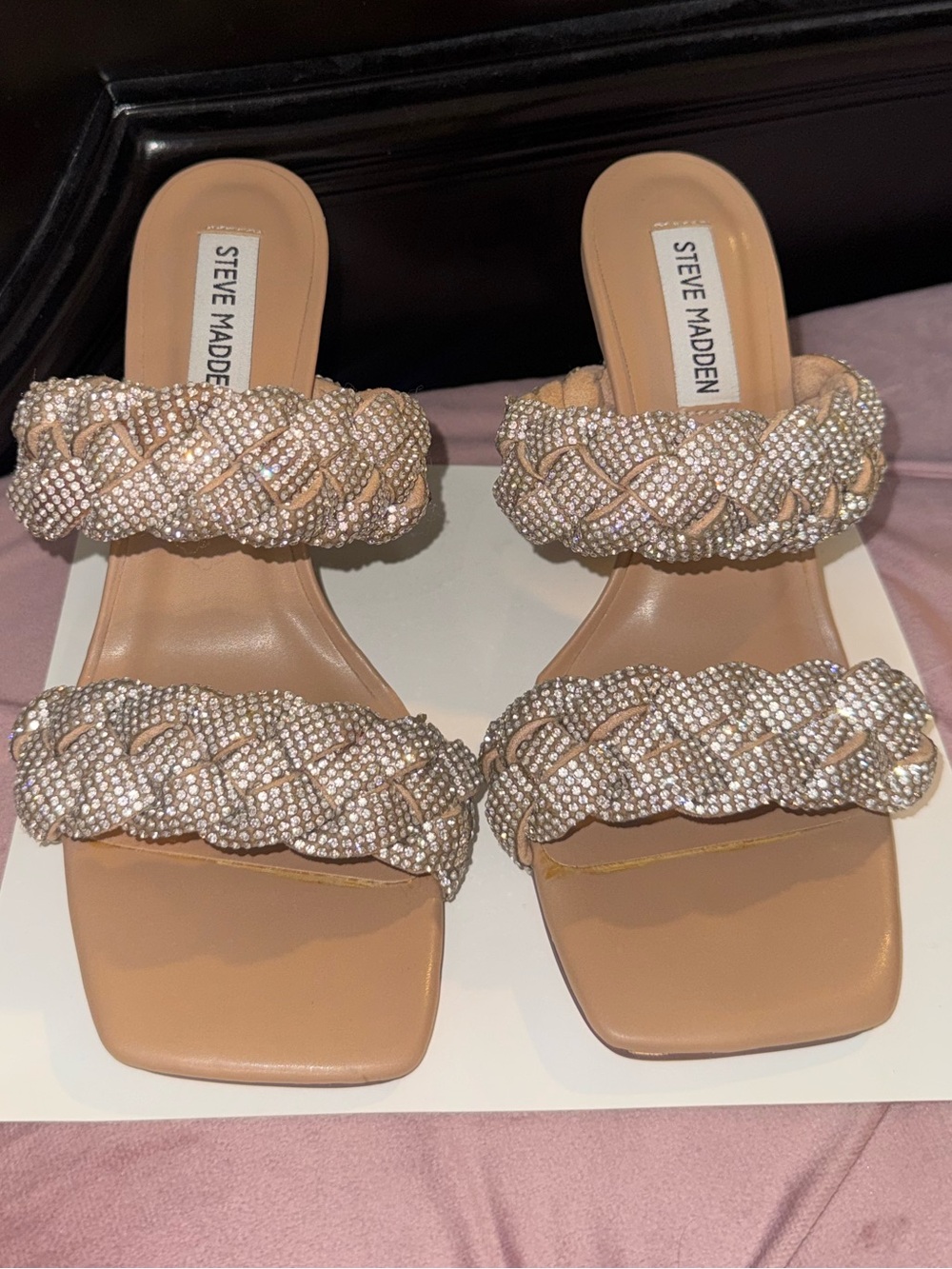 Steve Madden Braided Nude Crystal Slide Sandal Heels